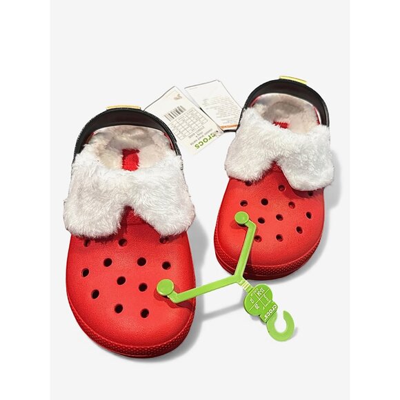 Crocs Classic Lined Santa Clog Kids J2 Red Black Fuzzy Holiday Christmas Slipper - Picture 5 of 11